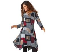 Roman Originals Hanky Hem Swing Dress with Pockets for Women UK Ladies Asymmetric Hemline Stretch Jersey 3/4 Sleeve Winter Smart Casual Work Office Knee Length Tunics - Red Grey - Size 20
