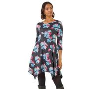 Roman Originals Hanky Hem Swing Dress with Pockets for Women UK Ladies Asymmetric Hemline Stretch Jersey 3/4 Sleeve Winter Smart Casual Work Office Knee Length Tunics - Noir Blue - Size 14