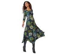 Roman Originals Hanky Hem Swing Dress with Pockets for Women UK Ladies Asymmetric Hemline Stretch Jersey 3/4 Sleeve Winter Smart Casual Work Office Knee Length Tunics - Green & Black - Size 14
