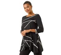 Roman Originals Hanky Hem Tunic Top for Women UK - Ladies Longline Blouse Asymmetric Hemline Casual Slouch Loose 3/4 Sleeves Round Neck Relaxed Comfortable Holiday - Black & White - Size 16