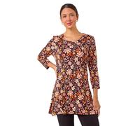 Roman Originals Hanky Hem Tunic Top for Women UK - Ladies Longline Blouse Asymmetric Hemline Casual Slouch Loose 3/4 Sleeves Round Neck Relaxed Comfortable Holiday - Orange Black - Size 10