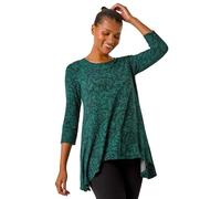Roman Originals Hanky Hem Tunic Top for Women UK - Ladies Longline Blouse Asymmetric Hemline Casual Slouch Loose 3/4 Sleeves Round Neck Relaxed Comfortable Holiday - Green Noir - Size 10
