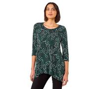 Roman Originals Hanky Hem Tunic Top for Women UK - Ladies Longline Blouse Asymmetric Hemline Casual Slouch Loose 3/4 Sleeves Round Neck Relaxed Comfortable Holiday - Teal Noir - Size 14