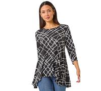 Roman Originals Hanky Hem Tunic Top for Women UK - Ladies Longline Blouse Asymmetric Hemline Casual Slouch Loose 3/4 Sleeves Round Neck Relaxed Comfortable Holiday - Noir White - Size 14