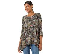 Roman Originals Hanky Hem Tunic Top for Women UK - Ladies Longline Blouse Asymmetric Hemline Casual Slouch Loose 3/4 Sleeves Round Neck Relaxed Comfortable Holiday - Green Floral - Size 16