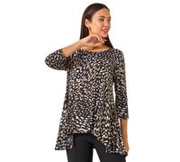 Roman Originals Hanky Hem Tunic Top for Women UK - Ladies Longline Blouse Asymmetric Hemline Casual Slouch Loose 3/4 Sleeves Round Neck Relaxed Comfortable Holiday - Tan Black - Size 14