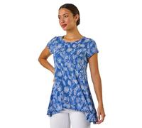 Roman Originals Hanky Hem Tunic Top for Women UK - Ladies Longline Blouse Asymmetric Hemline Short Sleeves Casual Slouch Loose Summer Spring Relaxed Comfortable - Azure Floral - Size 12