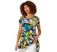 Roman Originals Hanky Hem Tunic Top for Women UK - Ladies Longline Blouse Asymmetric Hemline Short Sleeves Casual Slouch Loose Summer Spring Relaxed Comfortable - Yellow Leaf - Size 12