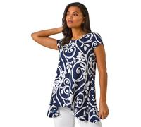 Roman Originals Hanky Hem Tunic Top for Women UK - Ladies Longline Blouse Asymmetric Hemline Short Sleeves Casual Slouch Loose Summer Spring Relaxed Comfortable - Navy Floral - Size 18