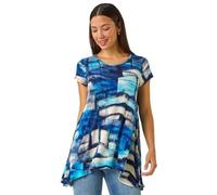 Roman Originals Hanky Hem Tunic Top for Women UK - Ladies Longline Blouse Asymmetric Hemline Short Sleeves Casual Slouch Loose Summer Spring Relaxed Comfortable - Blue Abstract - Size 12