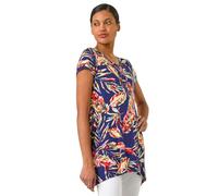 Roman Originals Hanky Hem Tunic Top for Women UK - Ladies Longline Blouse Asymmetric Hemline Short Sleeves Casual Slouch Loose Summer Spring Relaxed Comfortable - Navy Leaf - Size 18