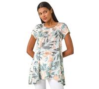 Roman Originals Hanky Hem Tunic Top for Women UK - Ladies Longline Blouse Asymmetric Hemline Short Sleeves Casual Slouch Loose Summer Spring Relaxed Comfortable - Green Leaf - Size 10