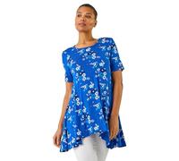 Roman Originals Hanky Hem Tunic Top for Women UK - Ladies Longline Blouse Asymmetric Hemline Short Sleeves Casual Slouch Loose Summer Spring Relaxed Comfortable - Blue Multi - Size 12