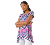 Roman Originals Hanky Hem Tunic Top for Women UK - Ladies Longline Blouse Asymmetric Hemline Short Sleeves Casual Slouch Loose Summer Spring Relaxed Comfortable - Blue Chevron - Size 12