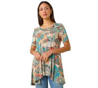 Roman Originals Hanky Hem Tunic Top for Women UK - Ladies Longline Blouse Asymmetric Hemline Short Sleeves Casual Slouch Loose Summer Spring Relaxed Comfortable - Blue Floral - Size 12