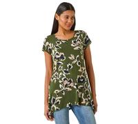 Roman Originals Hanky Hem Tunic Top for Women UK - Ladies Longline Blouse Asymmetric Hemline Short Sleeves Casual Slouch Loose Summer Spring Relaxed Comfortable - Khaki Leaf - Size 12