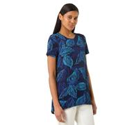 Roman Originals Hanky Hem Tunic Top for Women UK - Ladies Longline Blouse Asymmetric Hemline Short Sleeves Casual Slouch Loose Summer Spring Relaxed Comfortable - Navy Noir Leaf - Size 10