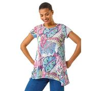 Roman Originals Hanky Hem Tunic Top for Women UK - Ladies Longline Blouse Asymmetric Hemline Short Sleeves Casual Slouch Loose Summer Spring Relaxed Comfortable - Blue Tropical - Size 16