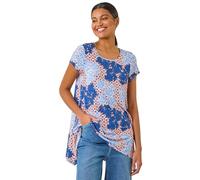 Roman Originals Hanky Hem Tunic Top for Women UK - Ladies Longline Blouse Asymmetric Hemline Short Sleeves Casual Slouch Loose Summer Spring Relaxed Comfortable - Blue Leaf - Size 18
