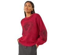 Roman Originals Heart Embroidered Knit Jumper for Women UK - Ladies Everyday Autumn Winter Crew Neckline Comfy Soft Evening Vacation Work Party Night Out - Wine - Size ONE