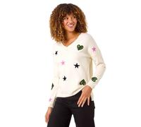 Roman Originals Heart & Star V-Neck Flock Jumper for Women UK - Ladies Everyday Autumn Winter V-Neckline Comfy Soft Evening Vacation Work Party Night Out - Ivory - Size 16