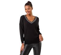 Roman Originals Hotfix Trim V-Neck Knit Jumper for Women UK - Ladies Everyday Autumn Winter V-Neckline Comfy Soft Evening Vacation Work Party Night Out - Black - Size 20