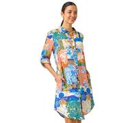 Roman Originals Ikat Button Shirt Dress for Women UK - Ladies Everyday Holiday Spring Summer Shirt Style Collar Comfy Soft Evening Vacation Work Party - Blue Abstract - Size 18