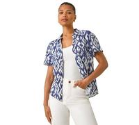 Roman Originals Ikat Print Linen Mix Shirt for Women UK - Ladies Everyday Holiday Spring Summer V-Neckline Comfy Soft Evening Vacation Work Party - Navy - Size 18