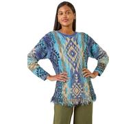 Roman Originals Jacquard Tassel Trim Knit Jumper for Women UK - Ladies Everyday Autumn Winter Crew Neckline Comfy Soft Evening Vacation Work Party Night Out - Blue - Size 18