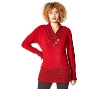 Roman Originals Jumper for Women UK - Ladies Button Detail Embellished Tunic Sweater V-Neck Overlap Autumn Winter Smart Office Work Wear Casual Warm Cosy Pullover Day - Red - Size 16