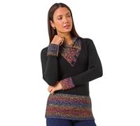 Roman Originals Jumper for Women UK - Ladies Button Detail Embellished Tunic Sweater V-Neck Overlap Autumn Winter Smart Office Work Wear Casual Warm Cosy Pullover Day - Black Multi - Size 10