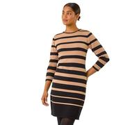 Roman Originals Knitted Jumper Dress for Women UK - Ladies Colour Block Winter Autumn Smart Casual Office Bodycon Workwear Everyday Long Sleeve Knee Length Knit Pocket - Camel & Noir - Size 18