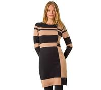 Roman Originals Knitted Jumper Dress for Women UK - Ladies Colour Block Winter Autumn Smart Casual Office Bodycon Workwear Everyday Long Sleeve Knee Length Knit Pocket - Camel & Black - Size 12