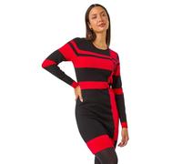 Roman Originals Knitted Jumper Dress for Women UK - Ladies Colour Block Winter Autumn Smart Casual Office Bodycon Workwear Everyday Long Sleeve Knee Length Knit Pocket - Red & Noir - Size 10