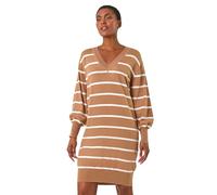 Roman Originals Knitted Jumper Dress for Women UK Ladies Knit Knitwear Autumn Winter Casual Smart Pull On Work Long Sleeves Slouch Relaxed Flattering Over Knee Length V Neck - Camel - Size 12