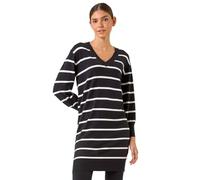 Roman Originals Knitted Jumper Dress for Women UK Ladies Knit Knitwear Autumn Winter Casual Smart Pull On Work Long Sleeves Slouch Relaxed Flattering Over Knee Length V Neck - Black White - Size 20