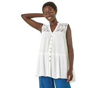 Roman Originals Lace Crinkle Top for Women UK - Ladies Broderie Anglaise Vest Blouse Yoke 100% Cotton Embroidered Shirt Casual Work Flattering Summer Holiday Boho T-Shirt - Ivory Lace - Size 16