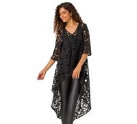 Roman Originals Lace Detail HighLow Hem Button Blouse for Women UK - Ladies Everyday Autumn Winter V-Neckline Comfy Soft Evening Vacation Work Party Night Out - Black - Size 14