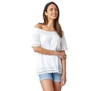 Roman Originals Lace Detail Shirred Bardot Top for Women UK - Ladies Everyday Holiday Spring Summer Comfy Soft Evening Vacation Work Party - Ivory - Size 10