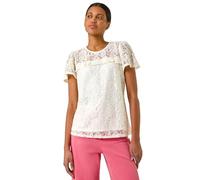 Roman Originals Lace Frill Top for Women UK - Ladies Everyday Holiday Spring Summer Round Neckline Comfy Soft Evening Vacation Work Party - Ivory - Size 12