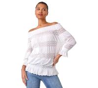 Roman Originals Lace Insert Frill Bardot Top for Women UK - Ladies Everyday Holiday Spring Summer Comfy Soft Evening Vacation Work Party - Cream - Size 16