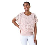 Roman Originals Lace Stretch Banded Hem Top for Women UK - Ladies Everyday Holiday Spring Summer Round Neckline Comfy Soft Evening Vacation Work Party - Light Pink - Size 20