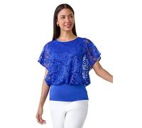 Roman Originals Lace Stretch Banded Hem Top for Women UK - Ladies Everyday Holiday Spring Summer Round Neckline Comfy Soft Evening Vacation Work Party - Royal Blue - Size 18