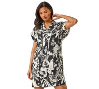 Roman Originals Leaf Print Cocoon Shift Dress for Women UK - Ladies Everyday Holiday Spring Summer Collar V-Neckline Comfy Soft Evening Vacation Work Party - Black - Size 12