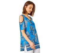 Roman Originals Leaf Print Cold Shoulder Top for Women UK - Ladies Everyday Holiday Spring Summer V Neckline Comfy Soft Evening Vacation Work Party - Blue - Size 12