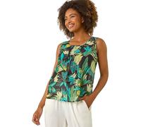 Roman Originals Leaf Print Pleat Front Vest Top for Women UK - Ladies Everyday Holiday Spring Summer Round Neckline Comfy Soft Evening Vacation Work Party - Green - Size 12