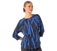 Roman Originals Leaf Print Plisse Stretch Top for Women UK - Ladies Everyday Autumn Winter Round Neckline Comfy Soft Evening Vacation Work Party Night Out - Royal Blue - Size 16