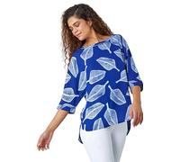Roman Originals Leaf Print Relaxed Tunic Top for Women UK - Ladies Everyday Autumn Winter Round Neckline Comfy Soft Evening Vacation Work Party Night Out - Blue - Size 16