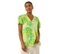 Roman Originals Leaf Print Shirred V-Neck Top for Women UK - Ladies Everyday Holiday Spring Summer V-Neckline Comfy Soft Evening Vacation Work Party - Lime - Size 20