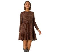 Roman Originals Leaf Print Stretch Dress for Women UK - Ladies Everyday Autumn Winter Round Neckline Comfy Soft Evening Vacation Work Party Night Out - Rust - Size 12
